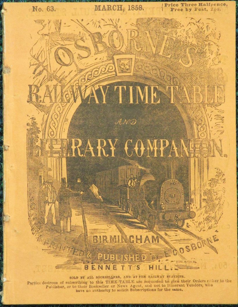 Osborne's Railway Time Table And Literary Companion March 1858.
